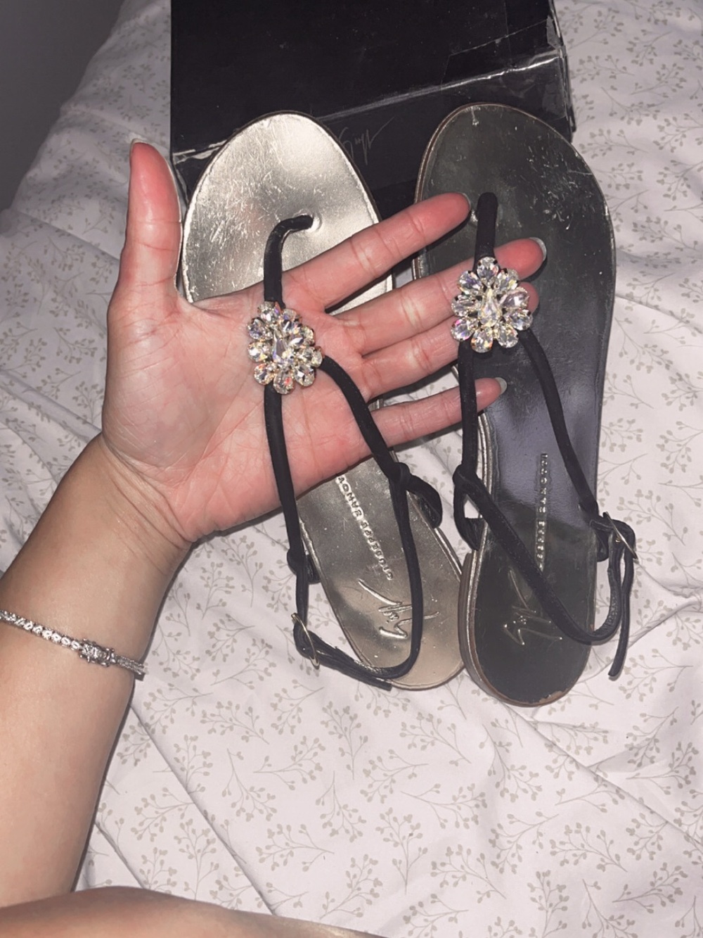 Women’s Black Jewel-Embellished T-Strap Sandals